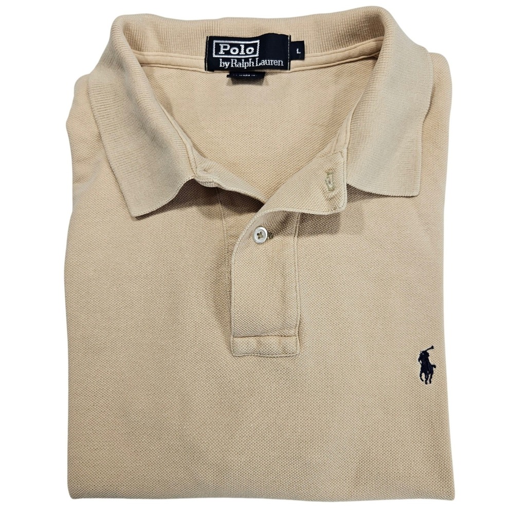 Polo Ralph Lauren Mens Large Tan Beige Short Sleeve Pique Cotton Polo Shirt L‎